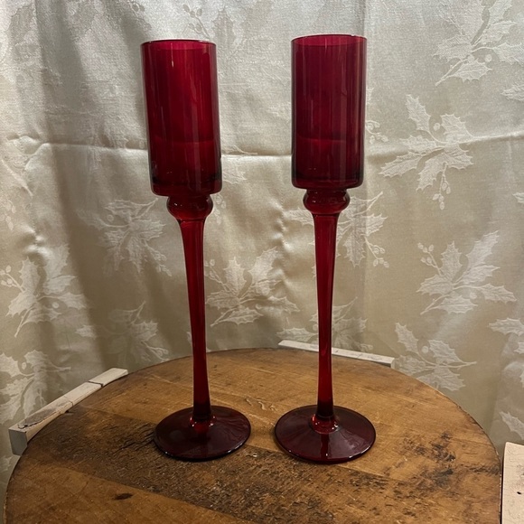 Other - Pair of Ruby Red  Pedestal Candle Holders